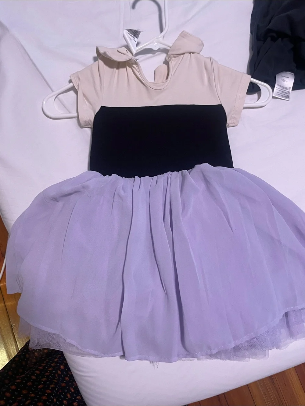 Girls Lavender & Black Floral Tulle Party Dress with Cream Collar